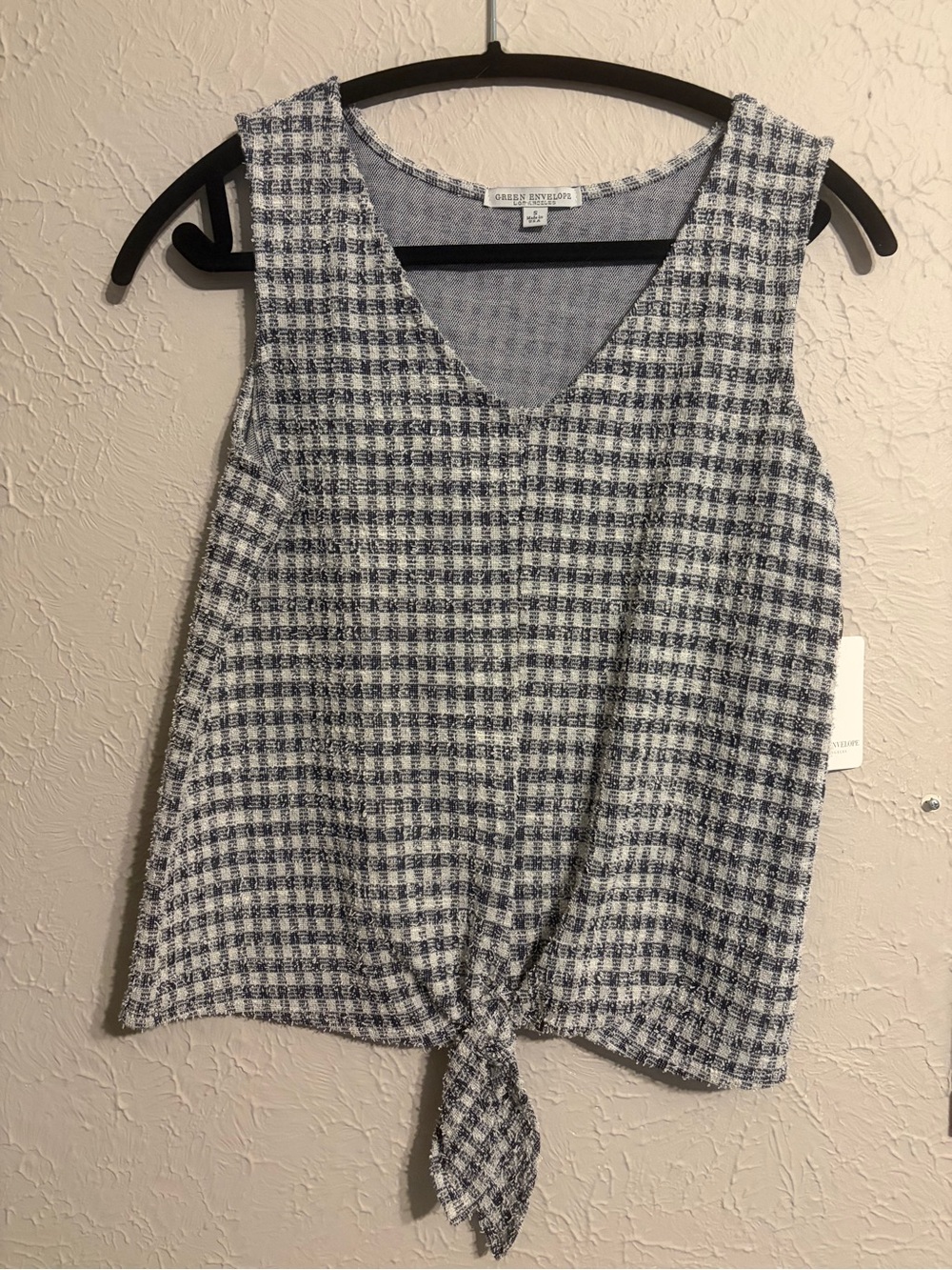 Green Envelope Blue & White Tweed Tie-Front Camisole Size small, NWT
